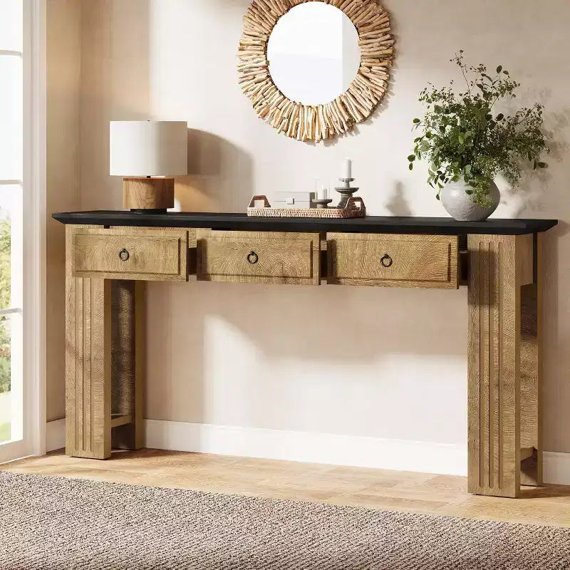 Console 63 avec 3 tiroirs, Table de canapé de ferme derrière le canapé, Meuble d'entrée rustique pour couloir, salon