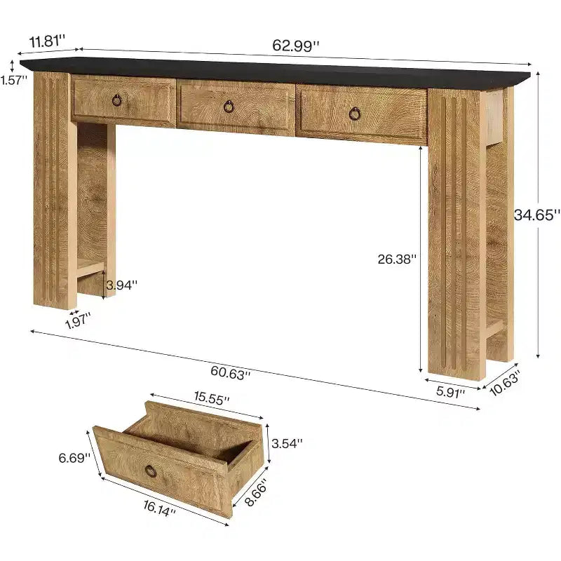 Console 63 avec 3 tiroirs, Table de canapé de ferme derrière le canapé, Meuble d'entrée rustique pour couloir, salon