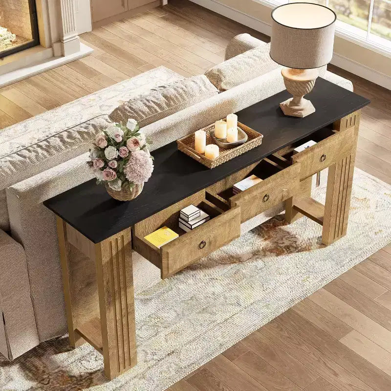 Console 63 avec 3 tiroirs, Table de canapé de ferme derrière le canapé, Meuble d'entrée rustique pour couloir, salon