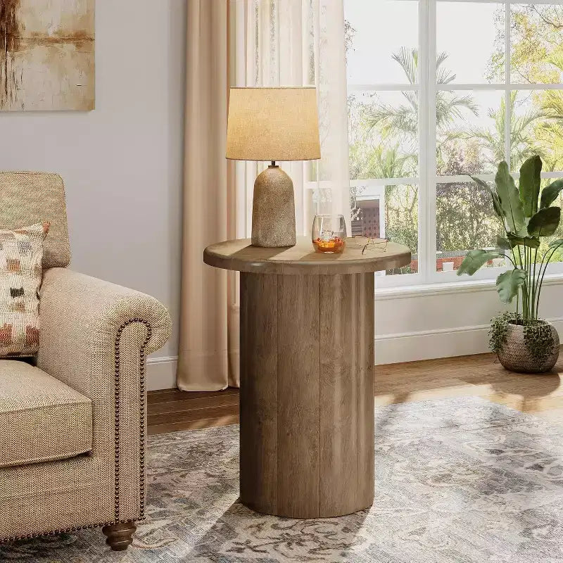 Table d'appoint ronde avec base cannelée, table de chevet de 50 cm, pour salon, chambre à coucher, petit espace, marron rustique