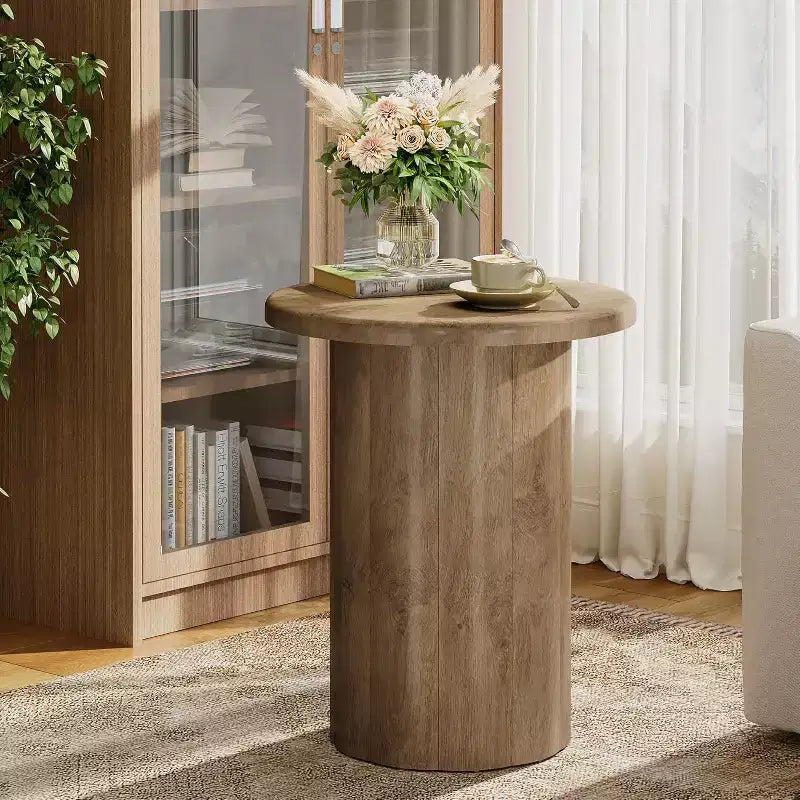 Table d'appoint ronde avec base cannelée, table de chevet de 50 cm, pour salon, chambre à coucher, petit espace, marron rustique