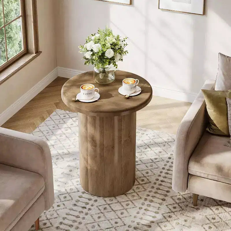 Table d'appoint ronde avec base cannelée, table de chevet de 50 cm, pour salon, chambre à coucher, petit espace, marron rustique