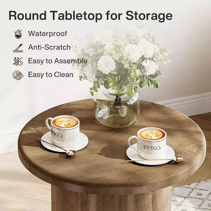 Table d'appoint ronde avec base cannelée, table de chevet de 50 cm, pour salon, chambre à coucher, petit espace, marron rustique