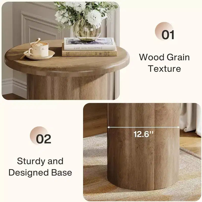 Table d'appoint ronde avec base cannelée, table de chevet de 50 cm, pour salon, chambre à coucher, petit espace, marron rustique