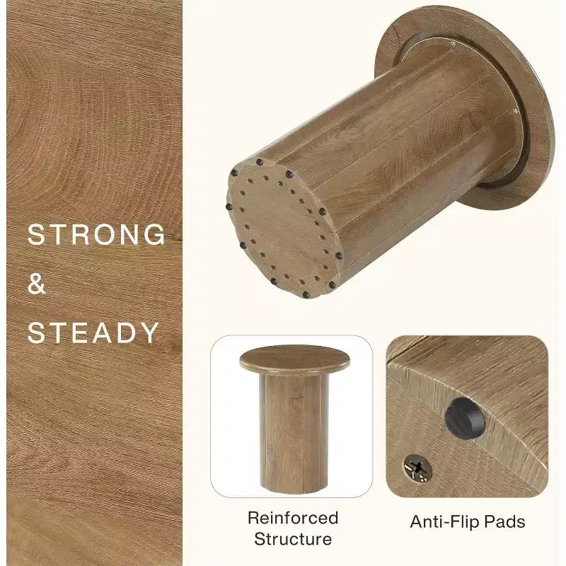 Table d'appoint ronde avec base cannelée, table de chevet de 50 cm, pour salon, chambre à coucher, petit espace, marron rustique