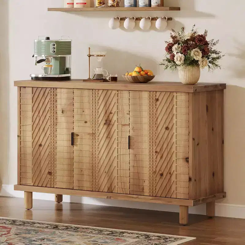 Lantine Solid Wood Buffet Cabinet with Storage, Farmhouse Sideboard Cabinet with 3 Doors and 2 Adjustable Shelves, for Kitchen and Entryway,Natural