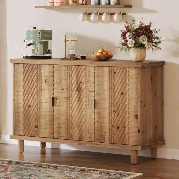 Lantine Solid Wood Buffet Cabinet with Storage, Farmhouse Sideboard Cabinet with 3 Doors and 2 Adjustable Shelves, for Kitchen and Entryway,Natural