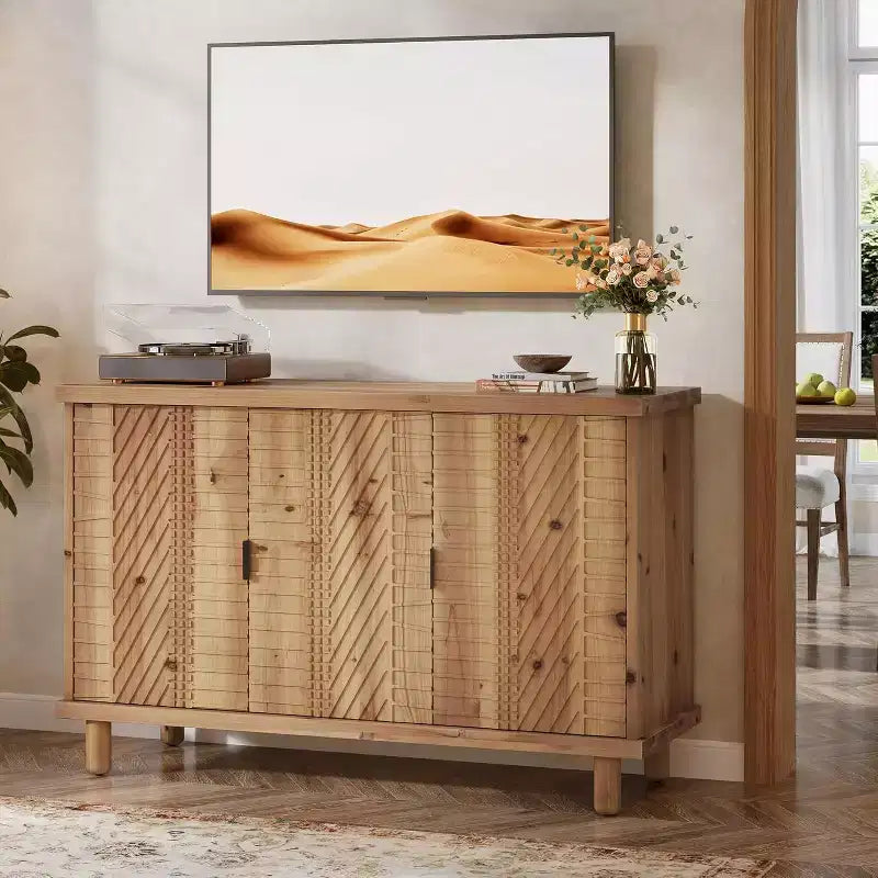 Buffet en Bois Massif avec Rangement, Buffet de Ferme avec 3 Portes et 2 Étagères Réglables, pour Cuisine et Entrée, Naturel