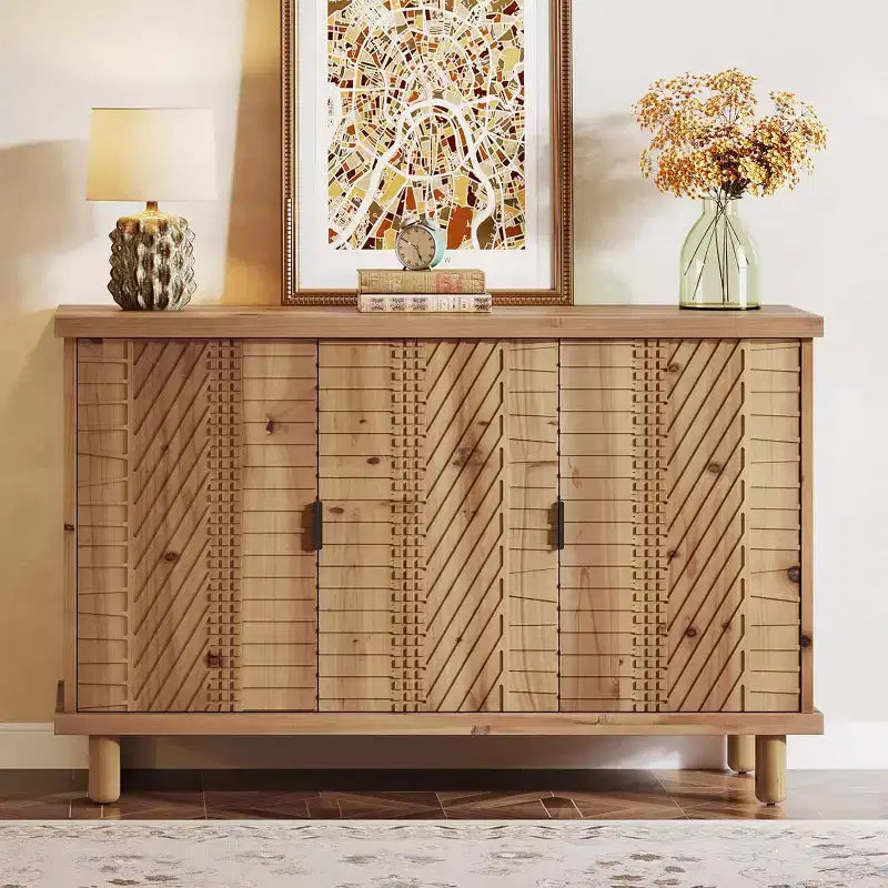 Buffet en Bois Massif avec Rangement, Buffet de Ferme avec 3 Portes et 2 Étagères Réglables, pour Cuisine et Entrée, Naturel