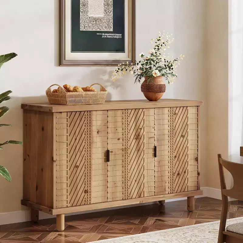 Buffet en Bois Massif avec Rangement, Buffet de Ferme avec 3 Portes et 2 Étagères Réglables, pour Cuisine et Entrée, Naturel
