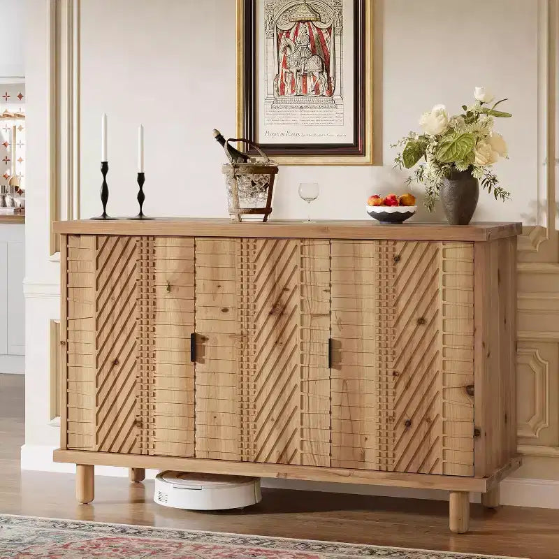 Buffet en Bois Massif avec Rangement, Buffet de Ferme avec 3 Portes et 2 Étagères Réglables, pour Cuisine et Entrée, Naturel
