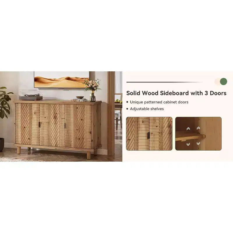 Buffet en Bois Massif avec Rangement, Buffet de Ferme avec 3 Portes et 2 Étagères Réglables, pour Cuisine et Entrée, Naturel