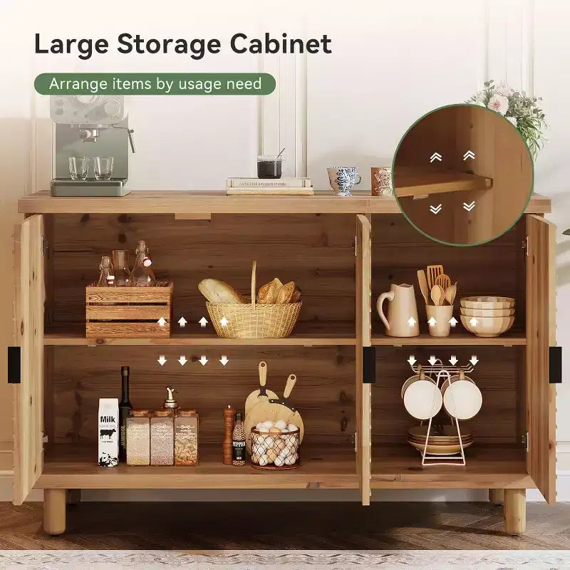 Buffet en Bois Massif avec Rangement, Buffet de Ferme avec 3 Portes et 2 Étagères Réglables, pour Cuisine et Entrée, Naturel