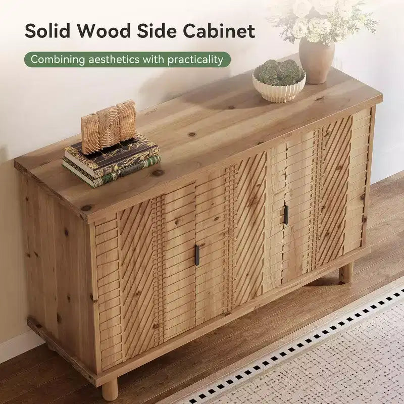 Buffet en Bois Massif avec Rangement, Buffet de Ferme avec 3 Portes et 2 Étagères Réglables, pour Cuisine et Entrée, Naturel