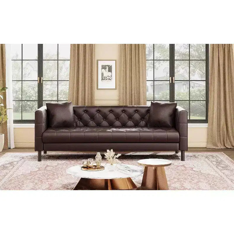 81 canapés modernes pour salon, canapé en cuir avec boutons faits main, canapé 3 places avec assise profonde, canapé Chesterfield marron pour appartement