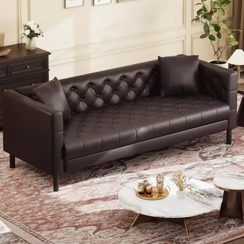 81 canapés modernes pour salon, canapé en cuir avec boutons faits main, canapé 3 places avec assise profonde, canapé Chesterfield marron pour appartement