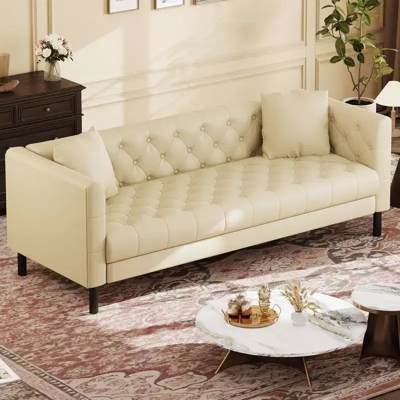 81 canapés modernes pour salon, canapé en cuir avec boutons faits main, canapé 3 places avec assise profonde, canapé Chesterfield marron pour appartement