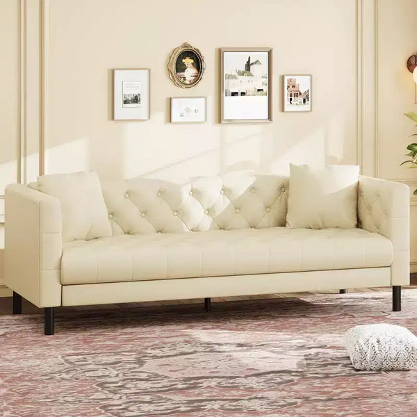 81 Modern Sofa Couches for Living Room, Leather Couch with Handmade Button, 3 Seater Sofa with Deep Seats, Brown Chesterfield Sofa for Apartment