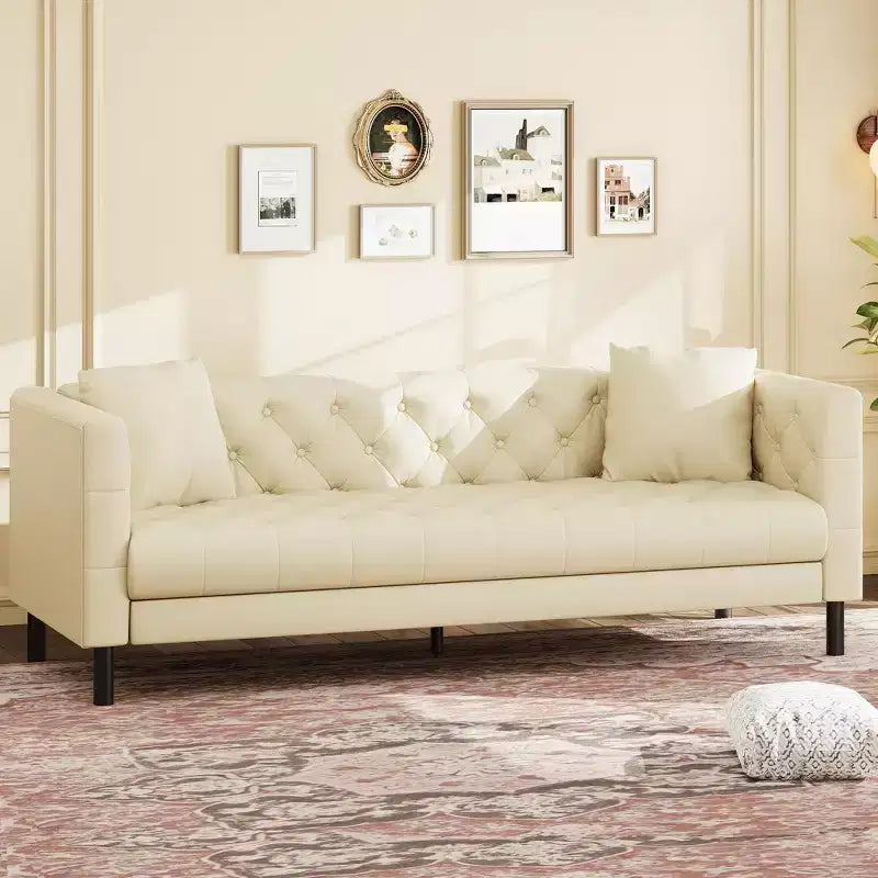 81 Modern Sofa Couches for Living Room, Leather Couch with Handmade Button, 3 Seater Sofa with Deep Seats, Brown Chesterfield Sofa for Apartment