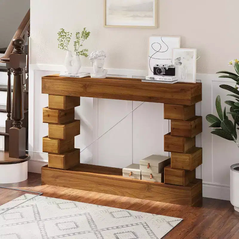 Console en bois empilé, géométrique et rustique