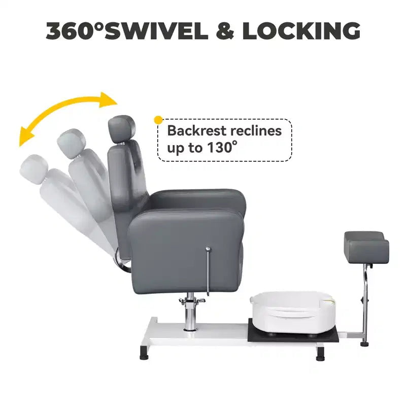 Fauteuil de pédicure avec tabouret, repose-pieds et bassin de massage, réglable en hauteur, fauteuil de pédicure avec repose-pieds inclinable hydraulique et pivotant à 360 degrés