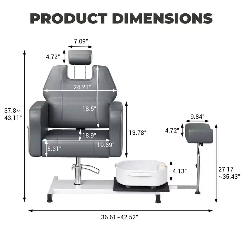 Fauteuil de pédicure avec tabouret, repose-pieds et bassin de massage, réglable en hauteur, fauteuil de pédicure avec repose-pieds inclinable hydraulique et pivotant à 360 degrés
