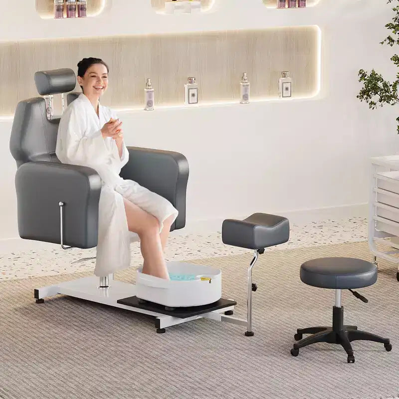 Fauteuil de pédicure avec tabouret, repose-pieds et bassin de massage, réglable en hauteur, fauteuil de pédicure avec repose-pieds inclinable hydraulique et pivotant à 360 degrés