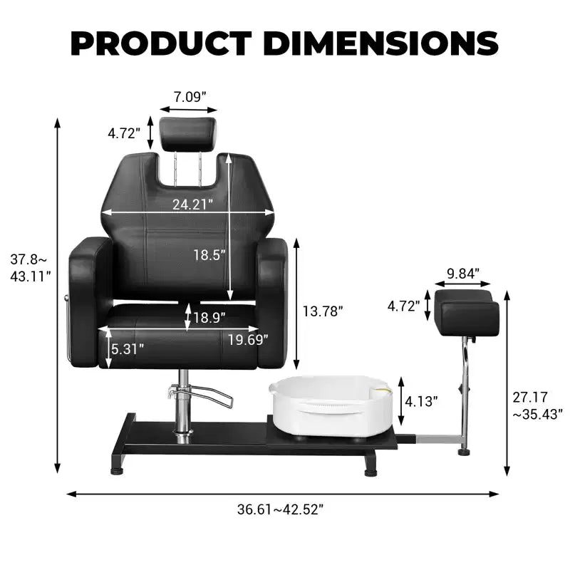 Fauteuil de pédicure avec tabouret, repose-pieds et bassin de massage, réglable en hauteur, fauteuil de pédicure avec repose-pieds inclinable hydraulique et pivotant à 360 degrés