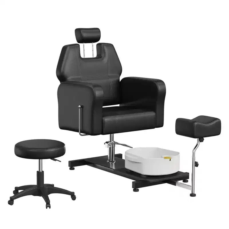 Pedicure chair with stool, footrest and massage foot basin, height adjustable, 360 degree rotating hydraulic reclining foot bath pedicure chair