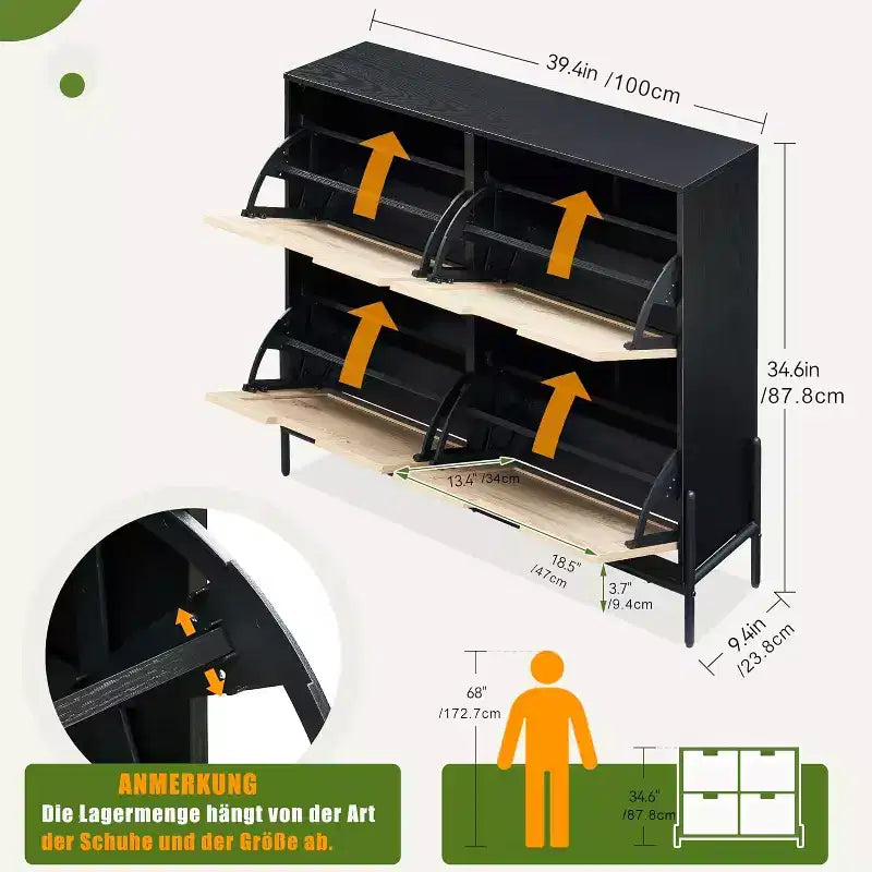 Meuble à chaussures tressé - Étagère à 4 portes avec étagères réglables, organisateur d'entrée rustique pour couloir
