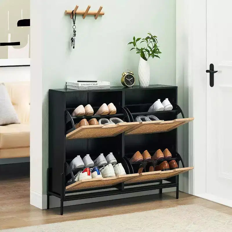 Woven Shoe Cabinet - 4-Door Rack with Adjustable Shelves, Rustic Entryway Organizer for Hallway