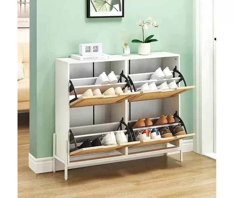 Meuble à chaussures tressé - Étagère à 4 portes avec étagères réglables, organisateur d'entrée rustique pour couloir