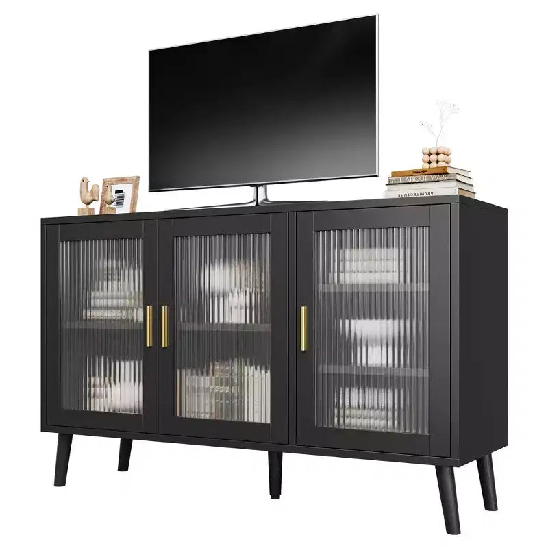 Black Sideboard Buffet Cabinet with Storage, Buffet Cabinet with Fluted Glass Door and Drawers, Sideboard
