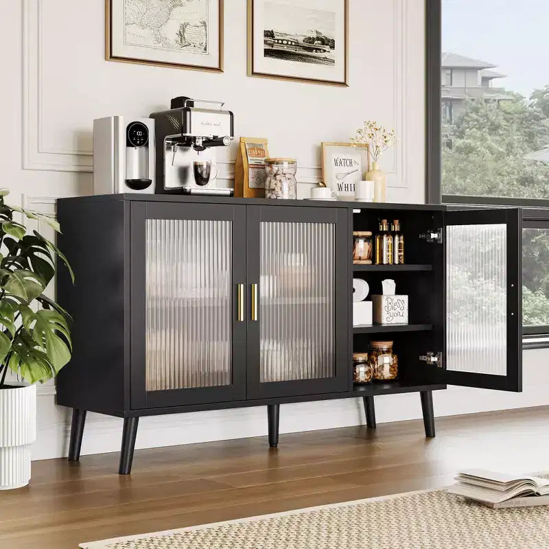Bahut noir avec rangement, buffet avec porte en verre cannelé et tiroirs, bahut