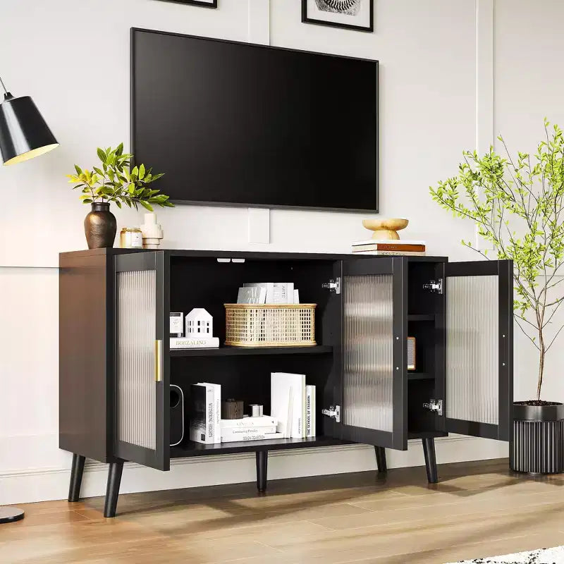 Bahut noir avec rangement, buffet avec porte en verre cannelé et tiroirs, bahut
