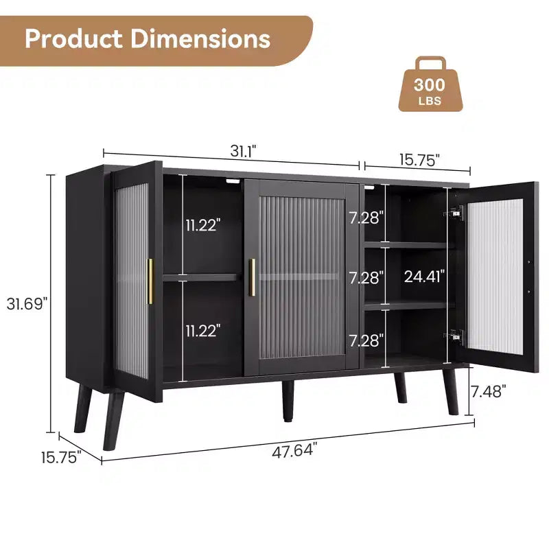 Bahut noir avec rangement, buffet avec porte en verre cannelé et tiroirs, bahut