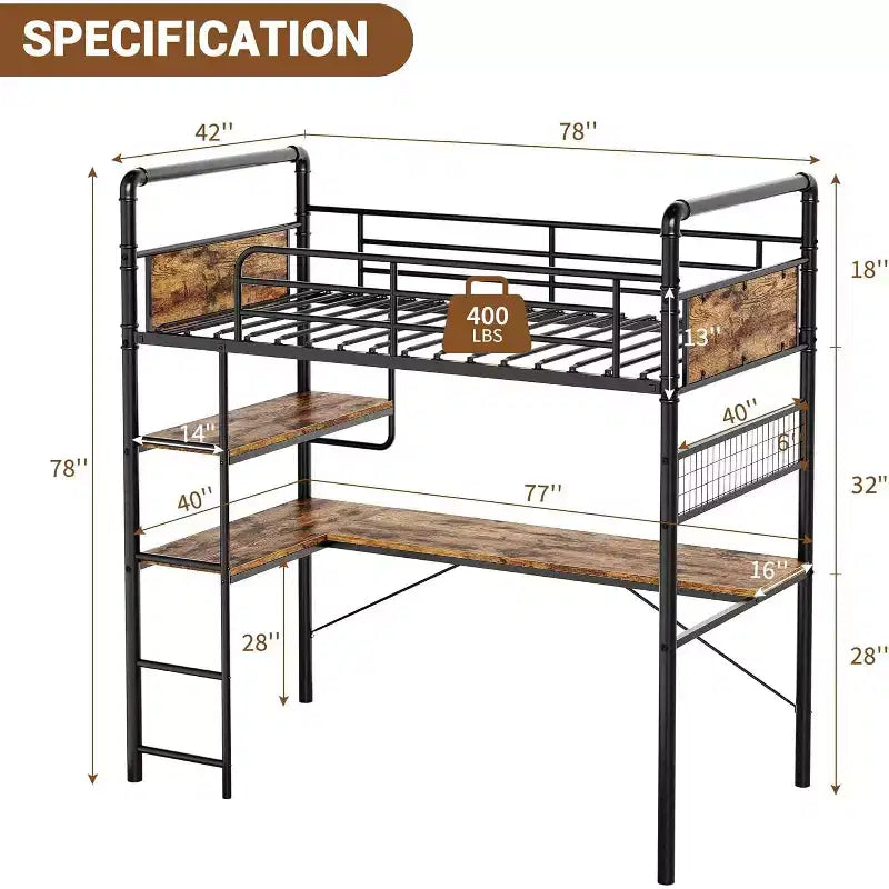 Lit mezzanine avec bureau en L, Lit mezzanine simple avec bureau intégré, Lits superposés en métal avec garde-corps haut et échelle, Montage facile