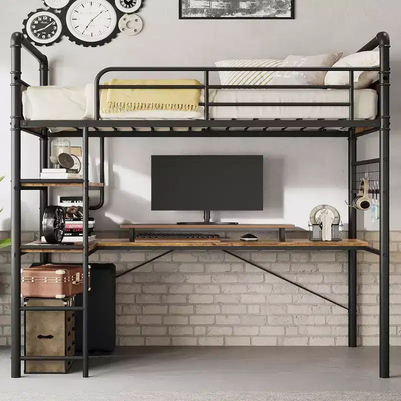 Lit mezzanine avec bureau en L, Lit mezzanine simple avec bureau intégré, Lits superposés en métal avec garde-corps haut et échelle, Montage facile