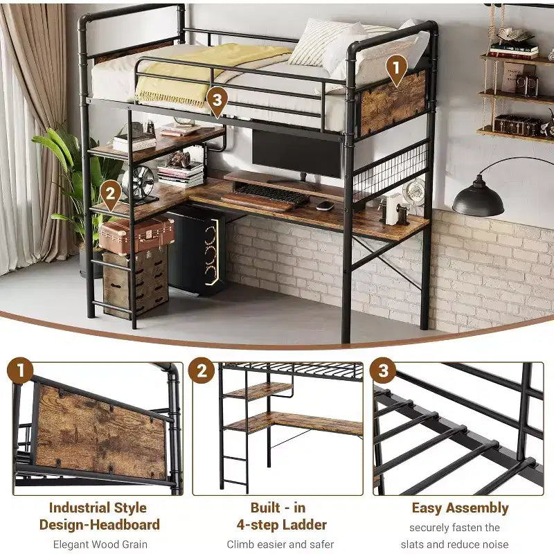 Lit mezzanine avec bureau en L, Lit mezzanine simple avec bureau intégré, Lits superposés en métal avec garde-corps haut et échelle, Montage facile