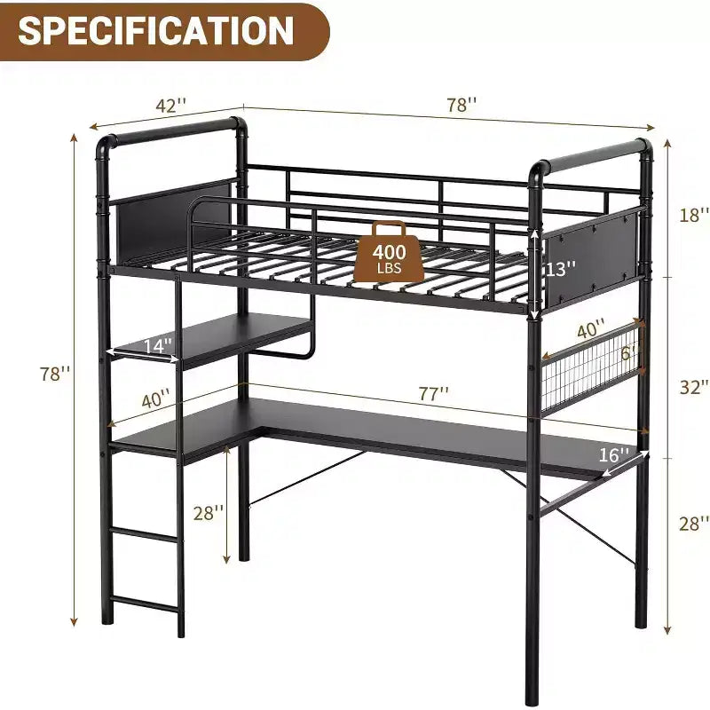 Lit mezzanine avec bureau en L, Lit mezzanine simple avec bureau intégré, Lits superposés en métal avec garde-corps haut et échelle, Montage facile