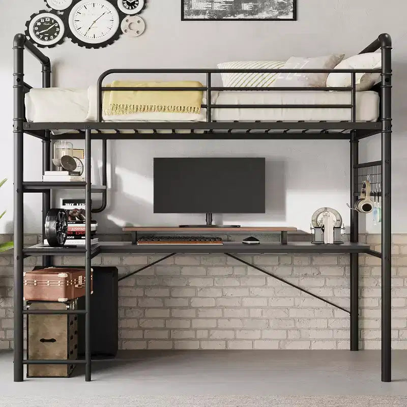 Lit mezzanine avec bureau en L, Lit mezzanine simple avec bureau intégré, Lits superposés en métal avec garde-corps haut et échelle, Montage facile