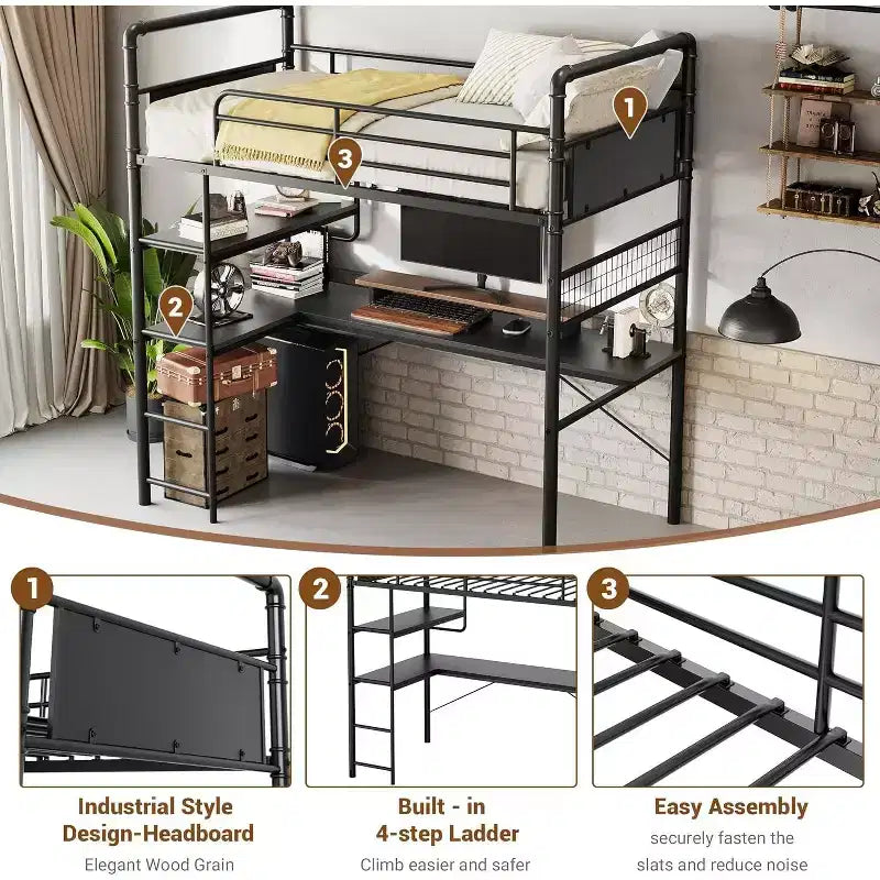 Lit mezzanine avec bureau en L, Lit mezzanine simple avec bureau intégré, Lits superposés en métal avec garde-corps haut et échelle, Montage facile