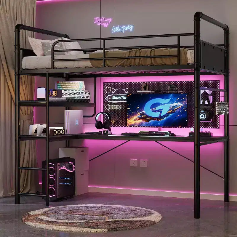 Loft Bunk Bed with L-Shaped Desk,Twin Loft Bed with Desk Underneath, Metal Bunk Beds with High Guardrail and Ladder,Easy Assembly