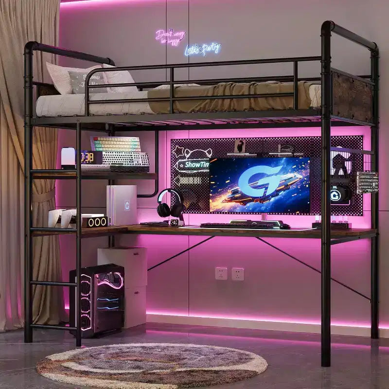 Lit mezzanine avec bureau en L, Lit mezzanine simple avec bureau intégré, Lits superposés en métal avec garde-corps haut et échelle, Montage facile