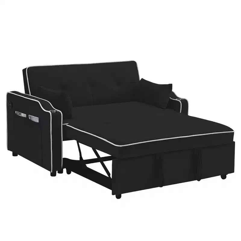 Velvet Sleeper Sofa Couch with Pullout Bed, Sofa Beds with Side Pocket, Cupholder, Adjustable Backrest and Pillows, Loveseat Sofa Sleeper Black