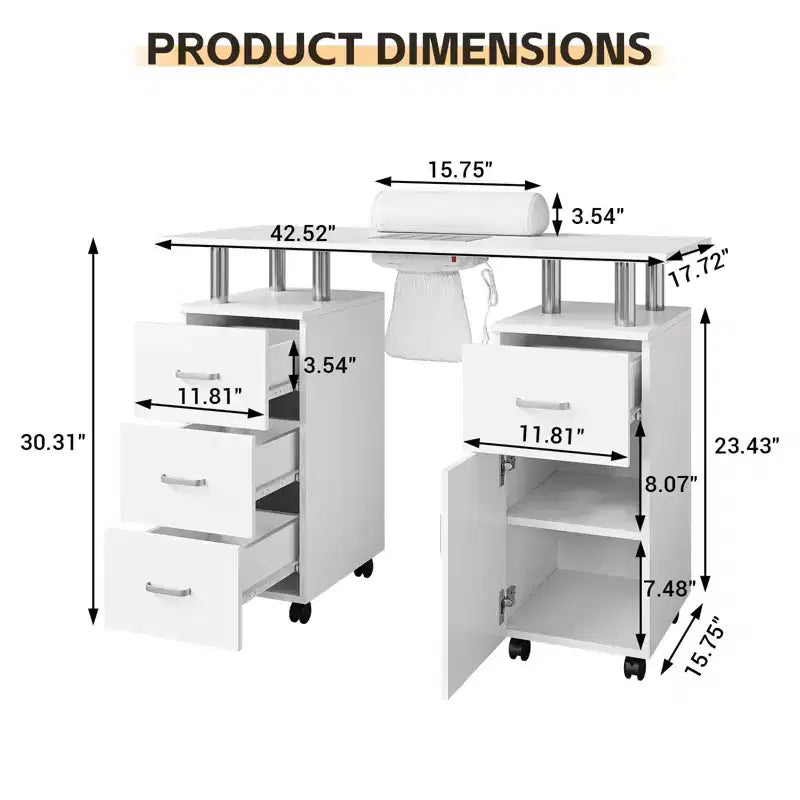 Table de manucure, bureau à ongles pour technicienne en pose d'ongles, poste de travail pour ongles avec collecteur de poussière électrique, table de rangement pour salon de manucure