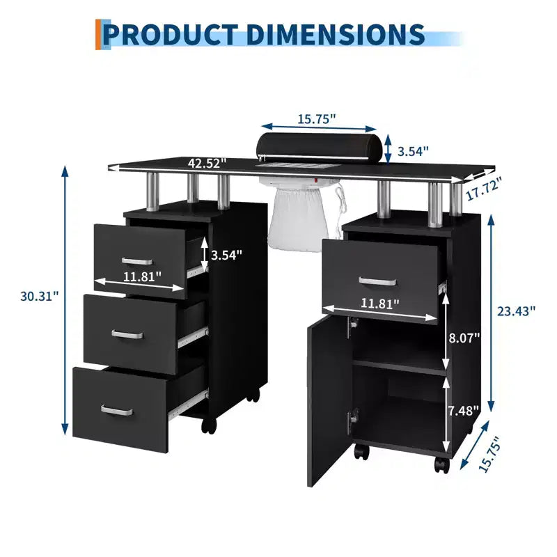 Table de manucure, bureau à ongles pour technicienne en pose d'ongles, poste de travail pour ongles avec collecteur de poussière électrique, table de rangement pour salon de manucure
