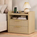 Natural Fluted End Table With Charging Station USB Ports 24 Inch Wide Nightstand 2 Drawers Wood Bedside Table Modern Storage Cabinet Living Room