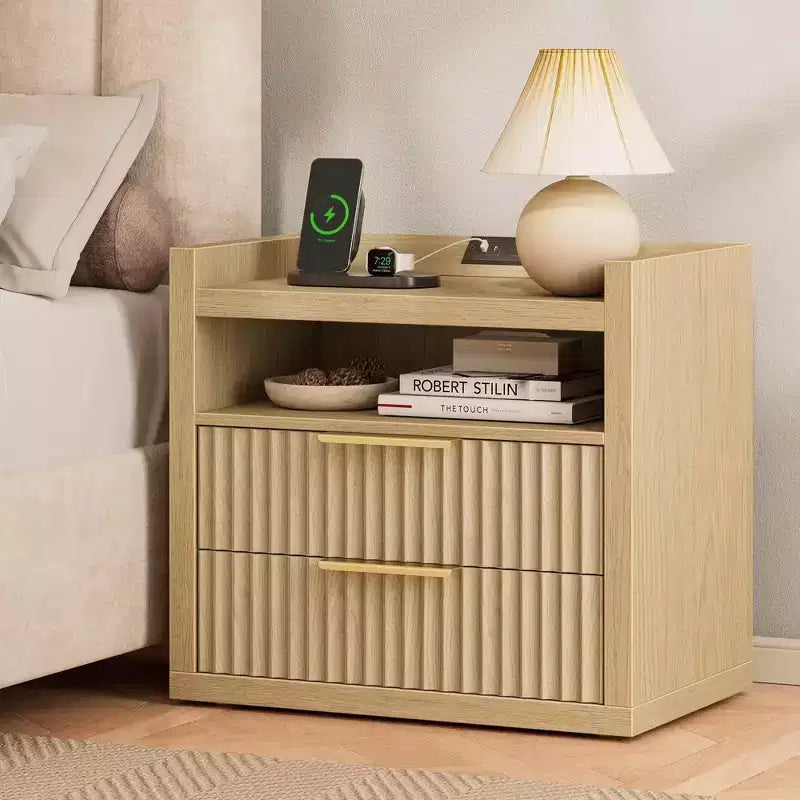 Natural Fluted End Table With Charging Station USB Ports 24 Inch Wide Nightstand 2 Drawers Wood Bedside Table Modern Storage Cabinet Living Room