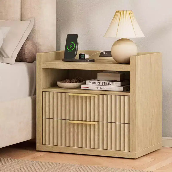 Natural Fluted End Table With Charging Station USB Ports 24 Inch Wide Nightstand 2 Drawers Wood Bedside Table Modern Storage Cabinet Living Room